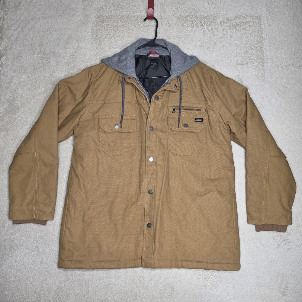 Genuine Dickies Men's Hooded Canvas Work Jacket L Tan Brown Quilted Lined